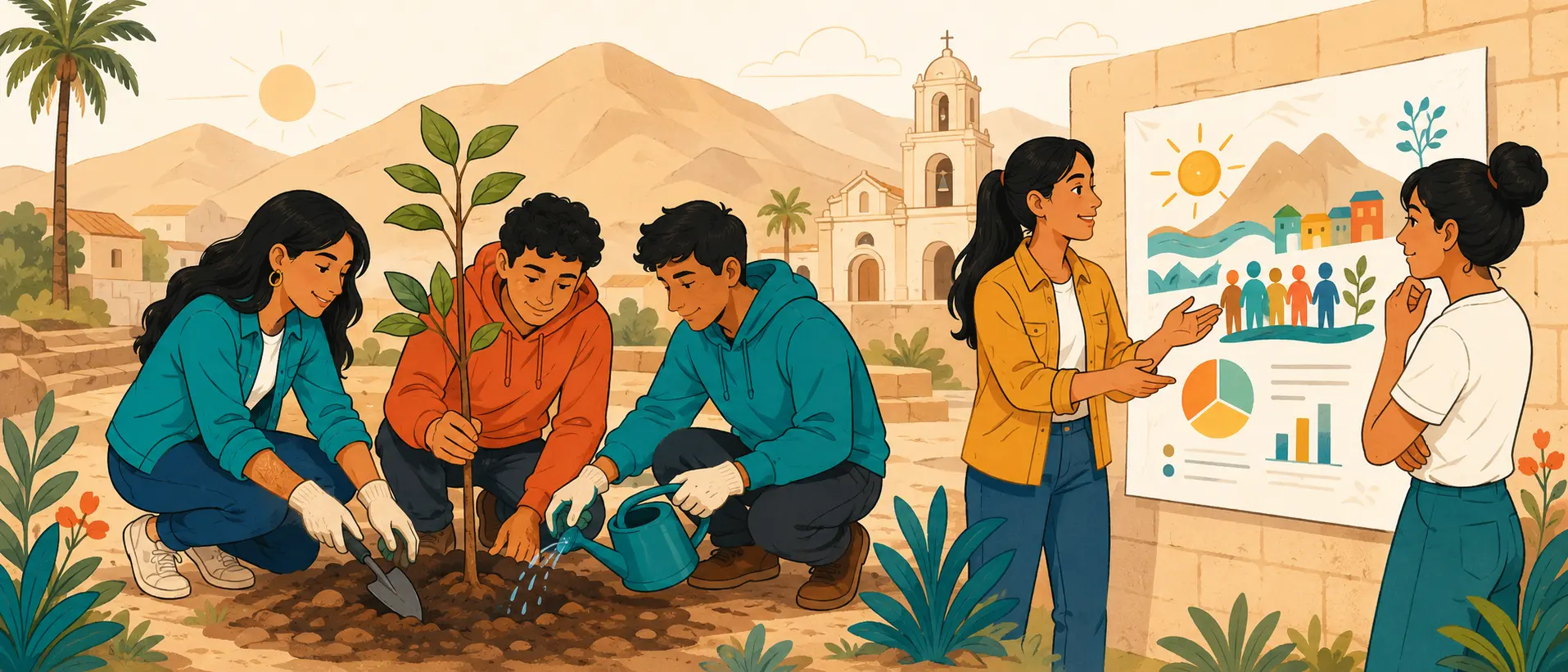 Ilustración de jóvenes colaborando y desarrollando proyectos en Ica