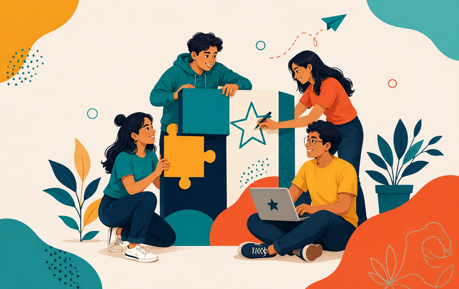 Ilustración de cuatro jóvenes construyendo juntos una propuesta