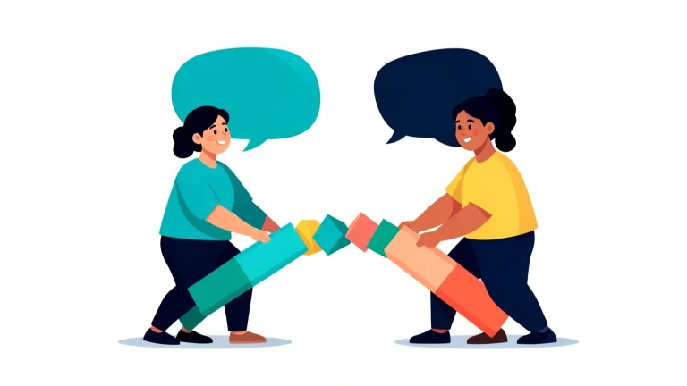 Ilustración vectorial de dos jóvenes latinoamericanos conversando, cada uno con un globo de diálogo, uniendo piezas geométricas de colores turquesa y coral como símbolo de una conversación de feedback honesta.