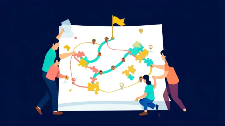 Ilustración vectorial de jóvenes latinoamericanos colocando piezas de rompecabezas y marcadores sobre una hoja de papel gigante convertida en mapa con un camino y una bandera dorada al final.