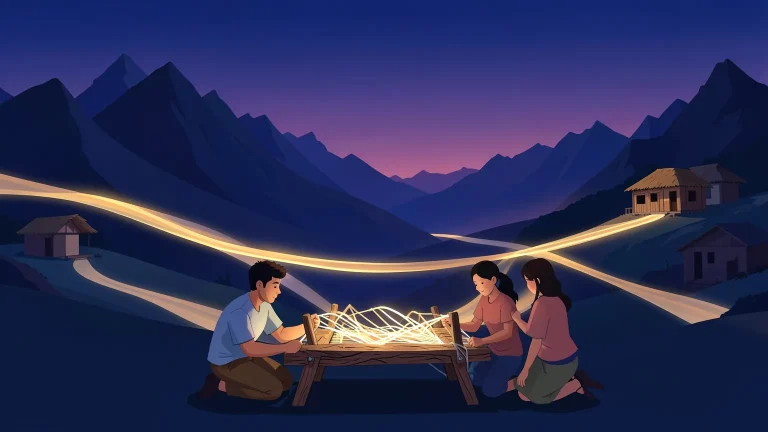 Ilustración vectorial de jóvenes tejiendo cintas de luz en un telar de madera; las cintas se convierten en senderos luminosos hacia escuelas rurales entre montañas azul noche al atardecer.