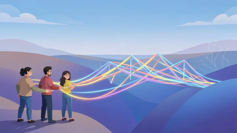 Ilustración vectorial de tres jóvenes tejiendo cintas luminosas que forman un puente sobre un cañón abstracto, en tonos azul noche, turquesa, coral y amarillo.