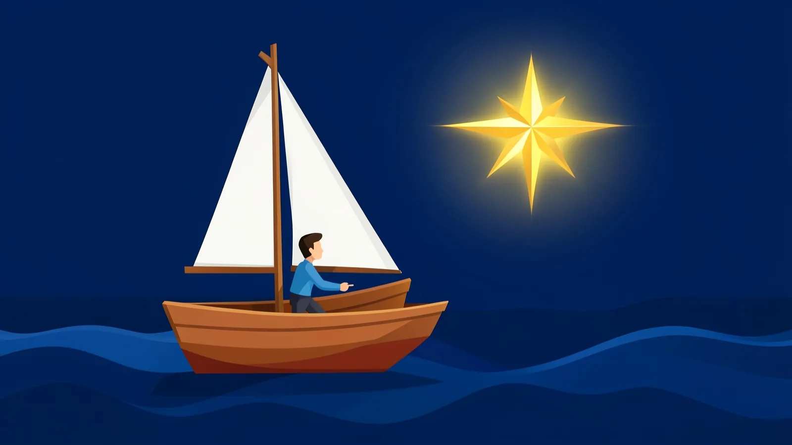 Ilustración editorial vectorial: un joven timonea un pequeño velero sobre olas geométricas azules hacia una gran estrella brújula dorada en el horizonte.