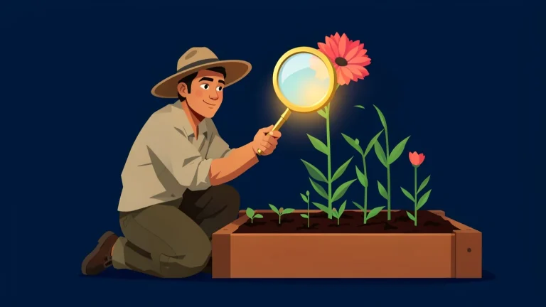 Ilustración editorial vectorial: un jardinero joven examina con una lupa dorada la flor más alta de un cantero donde las plantas crecen por etapas, sobre fondo azul noche.