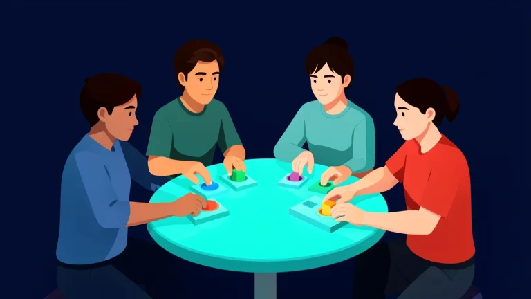 Ilustración editorial vectorial: cuatro jóvenes alrededor de una mesa turquesa colocan fichas geométricas de colores en ranuras de un tablero compartido, sobre fondo azul noche.