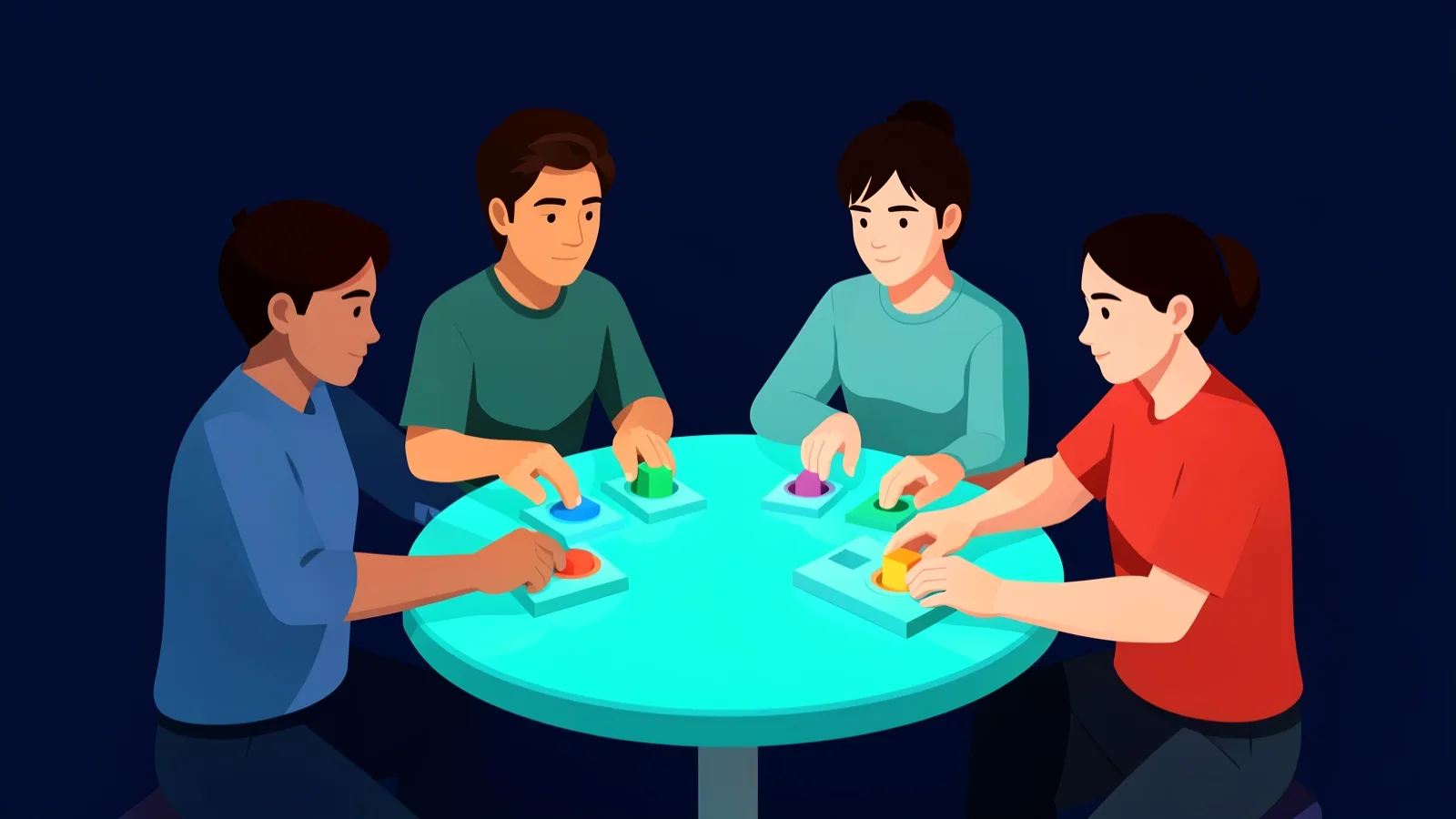 Ilustración editorial vectorial: cuatro jóvenes alrededor de una mesa turquesa colocan fichas geométricas de colores en ranuras de un tablero compartido, sobre fondo azul noche.