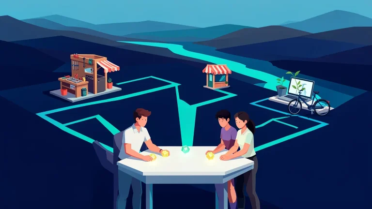 Ilustración editorial vectorial: tres jóvenes guían fichas de recursos luminosas desde una mesa de planificación hacia distintos emprendimientos simbólicos, sobre un paisaje abstracto en azul noche y turquesa.