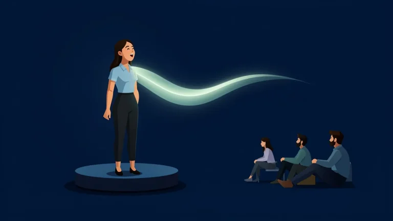 Ilustración vectorial de una joven hablando de pie sobre una plataforma redonda; de su voz sale una onda luminosa que viaja hacia tres personas que escuchan sentadas, sobre fondo azul noche.