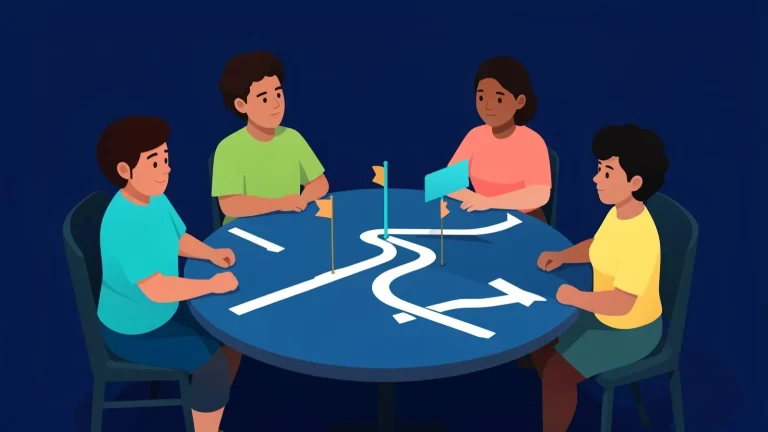 Ilustración vectorial de cuatro jóvenes alrededor de una mesa redonda revisando un camino blanco dibujado sobre el tablero, con banderas y un letrero turquesa sin texto, sobre fondo azul noche.