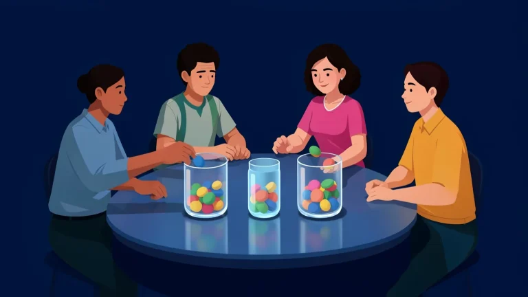 Ilustración de cuatro jóvenes alrededor de una mesa depositando fichas de colores en frascos transparentes, como metáfora de la toma de decisiones en grupo