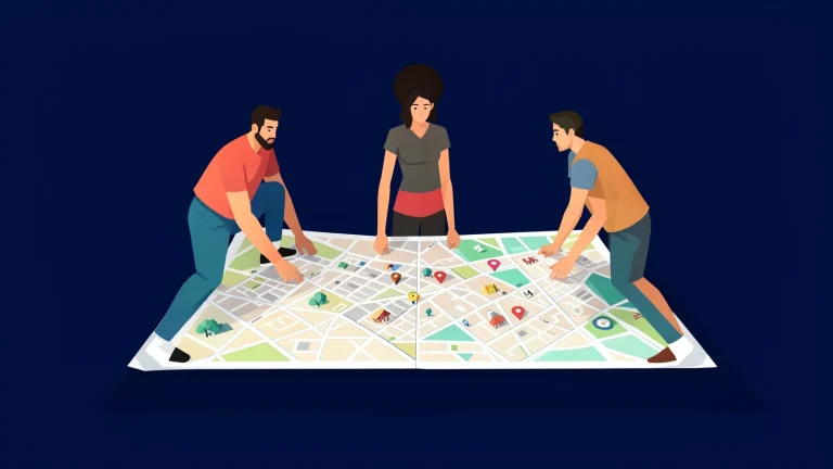Ilustración de tres jóvenes desplegando un mapa gigante de un barrio con marcadores, como metáfora del diagnóstico comunitario participativo