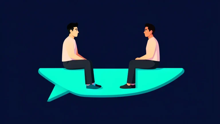 Ilustración de dos jóvenes conversando sentados sobre un gran bocadillo de diálogo turquesa, que representa la escucha activa en un equipo