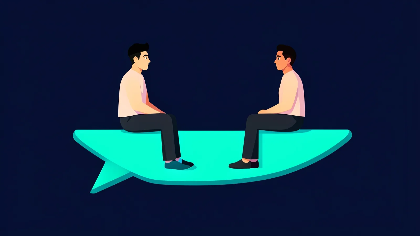 Ilustración de dos jóvenes conversando sentados sobre un gran bocadillo de diálogo turquesa, que representa la escucha activa en un equipo