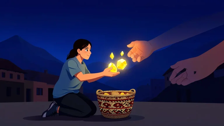 Ilustración editorial de una joven voluntaria que entrega semillas nativas luminosas a las manos de un agricultor mayor, junto a una cesta tejida, bajo un cielo azul noche.