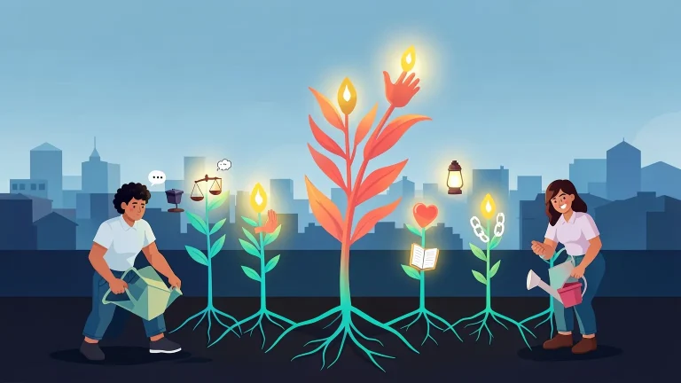Ilustración editorial de jóvenes que riegan un jardín de plantas con símbolos cívicos, balanza, libro y corazón, conectadas por raíces turquesa, sobre fondo azul noche.