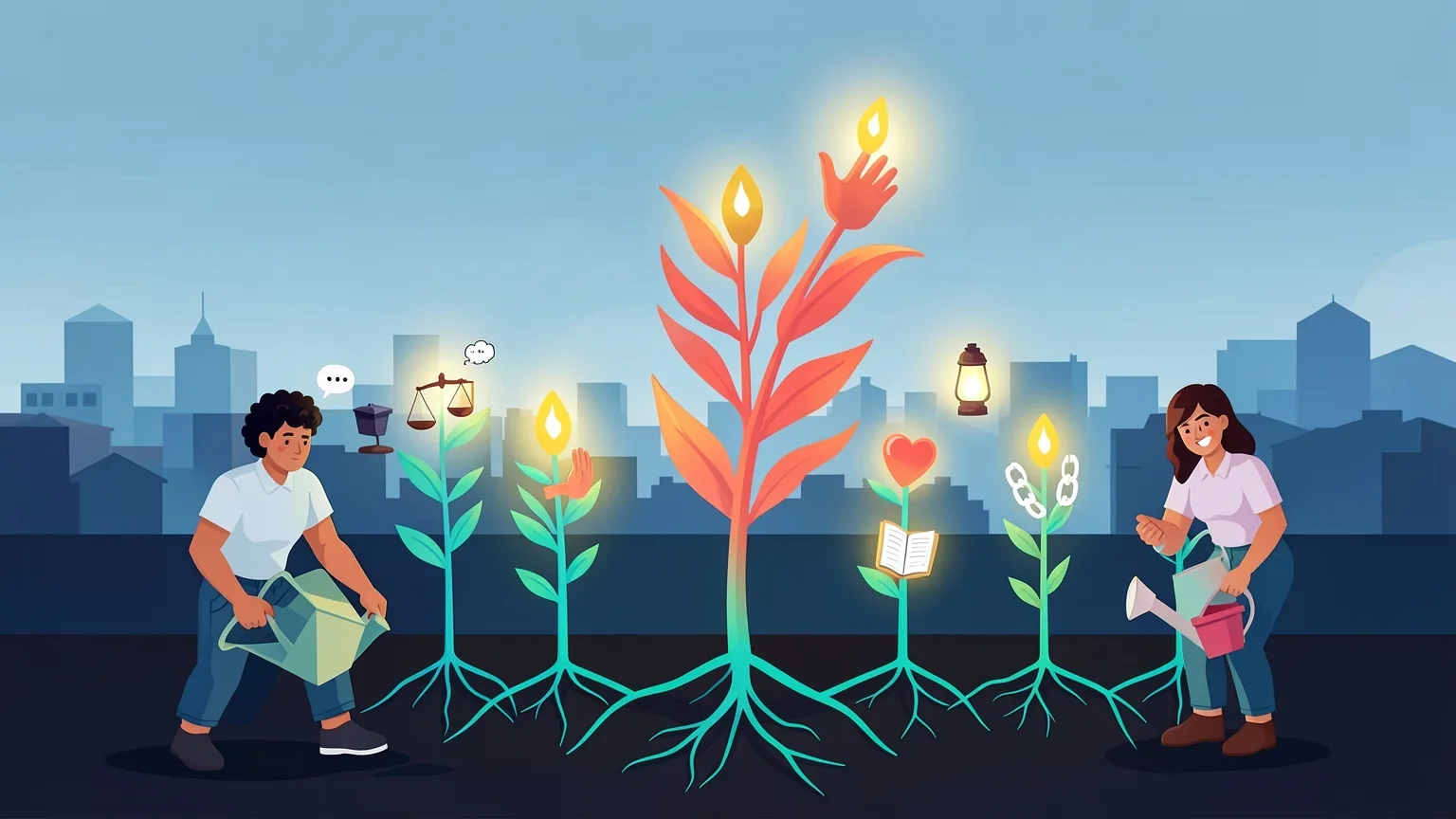 Ilustración editorial de jóvenes que riegan un jardín de plantas con símbolos cívicos, balanza, libro y corazón, conectadas por raíces turquesa, sobre fondo azul noche.
