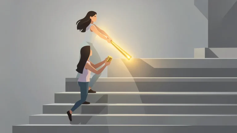 Ilustración de dos jóvenes en una escalinata entregándose un relevo dorado, como metáfora de delegar tareas en un equipo.