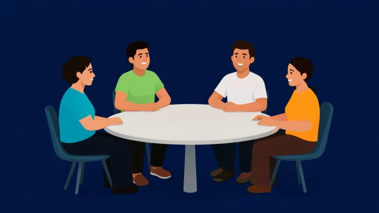 Ilustración de cuatro jóvenes reunidos alrededor de una mesa redonda sobre fondo azul noche, que representa una reunión de equipo efectiva.