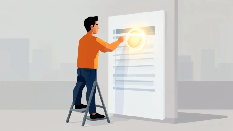 Ilustración de un joven sobre una escalera colocando una insignia luminosa en un currículum gigante, como metáfora del voluntariado que suma en el CV.