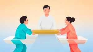 Ilustración sobre mediar un conflicto: dos personas en plataformas separadas sostienen una tabla dorada que las conecta, guiadas por una figura mediadora.