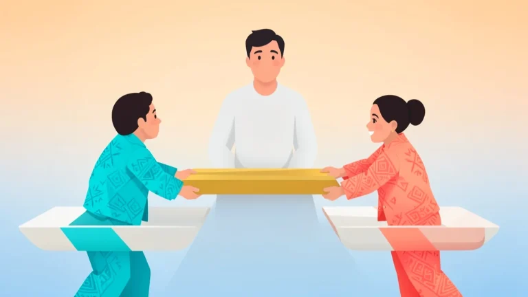 Ilustración sobre mediar un conflicto: dos personas en plataformas separadas sostienen una tabla dorada que las conecta, guiadas por una figura mediadora.