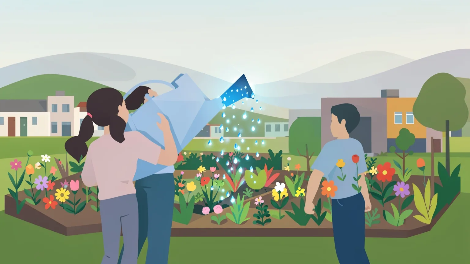 Dos voluntarios estilizados riegan con una regadera geométrica un huerto comunitario de camas de cultivo con plantas diversas, en una ilustración vectorial sobre microfinanciamiento para el voluntariado.