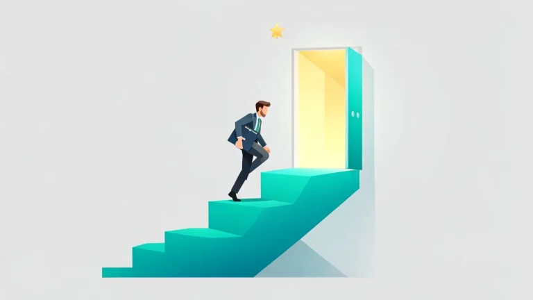 Ilustración sobre la primera entrevista de trabajo: una persona con portafolio sube una escalera turquesa hacia una puerta iluminada con una estrella dorada encima.