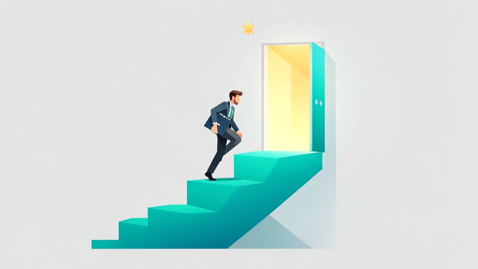 Ilustración sobre la primera entrevista de trabajo: una persona con portafolio sube una escalera turquesa hacia una puerta iluminada con una estrella dorada encima.