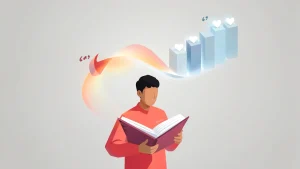Ilustración de storytelling para proyectos sociales: una persona lee un libro abierto del que surge una cinta luminosa que se transforma en un gráfico ascendente con corazones.