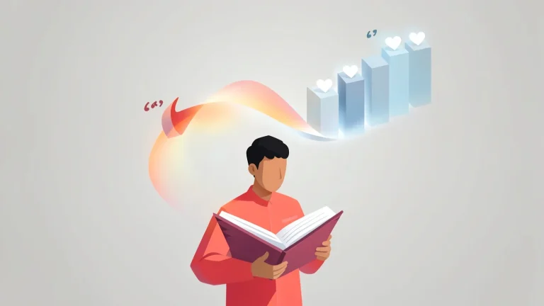 Ilustración de storytelling para proyectos sociales: una persona lee un libro abierto del que surge una cinta luminosa que se transforma en un gráfico ascendente con corazones.