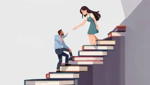Ilustración de una joven que extiende la mano para ayudar a un joven a subir una escalera hecha de libros gigantes, como metáfora de lo que significa pedir ayuda.