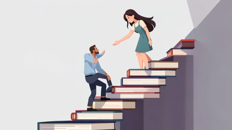 Ilustración de una joven que extiende la mano para ayudar a un joven a subir una escalera hecha de libros gigantes, como metáfora de lo que significa pedir ayuda.