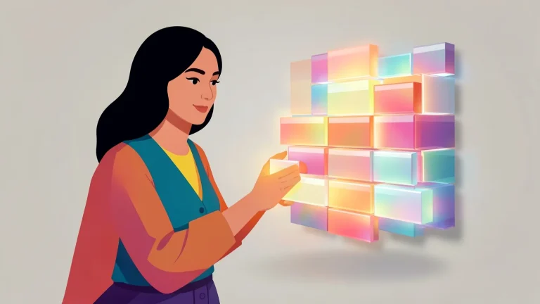 Ilustración de una joven que apila bloques de colores en una cuadrícula flotante, como metáfora de la gestión del tiempo organizada en bloques.