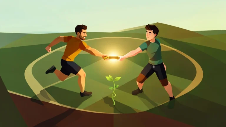 Ilustración de dos corredores jóvenes en el momento de entregarse un testigo dorado en una pista circular, con un brote verde que simboliza la continuidad de un colectivo.