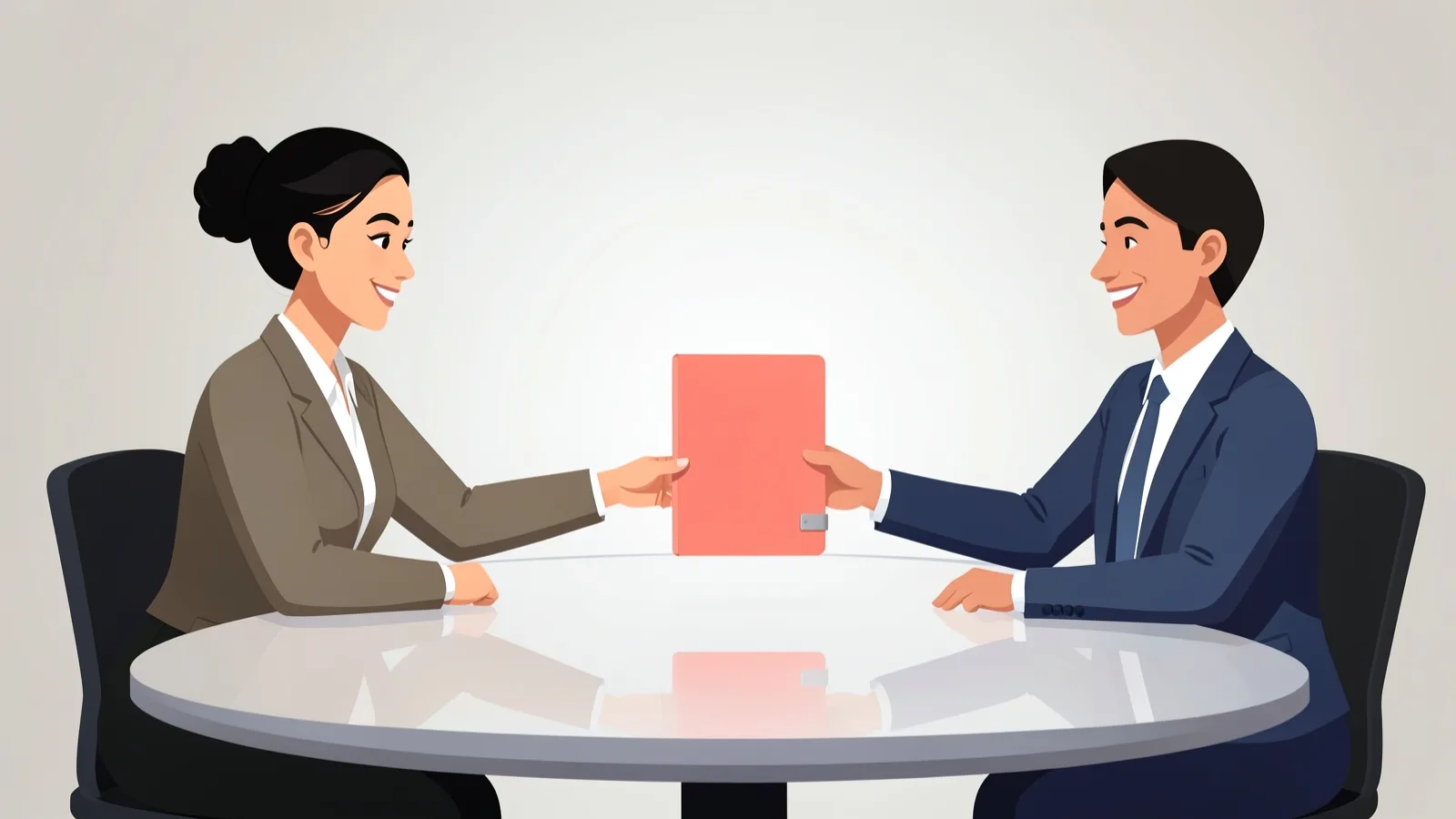Ilustración de dos personas sentadas a una mesa entregándose una carpeta cerrada color coral, como metáfora de la entrega del informe final de un proyecto a un aliado