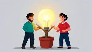 Ilustración de dos jóvenes que cuidan una maceta de la que crece una bombilla encendida, como metáfora de la motivación que se cultiva en equipo sin necesidad de presupuesto