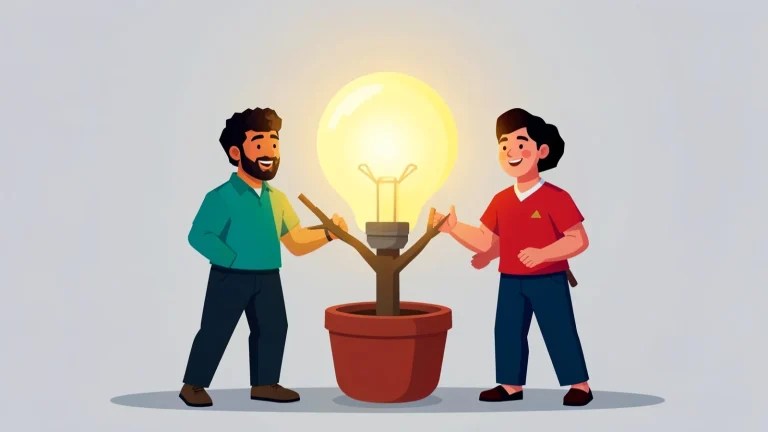 Ilustración de dos jóvenes que cuidan una maceta de la que crece una bombilla encendida, como metáfora de la motivación que se cultiva en equipo sin necesidad de presupuesto