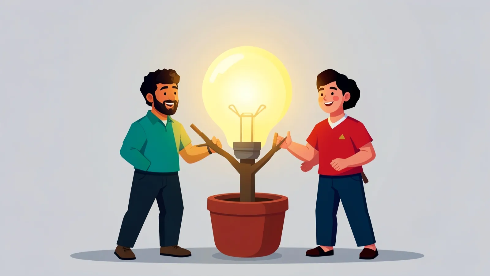 Ilustración de dos jóvenes que cuidan una maceta de la que crece una bombilla encendida, como metáfora de la motivación que se cultiva en equipo sin necesidad de presupuesto