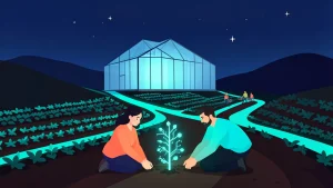 Ilustración editorial vectorial nocturna: dos jóvenes agricultores plantan un brote luminoso con forma de circuito en un campo cuyos surcos se convierten en senderos turquesa que suben hacia un invernadero de vidrio.