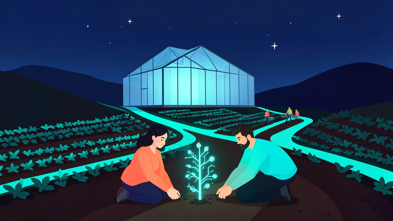 Ilustración editorial vectorial nocturna: dos jóvenes agricultores plantan un brote luminoso con forma de circuito en un campo cuyos surcos se convierten en senderos turquesa que suben hacia un invernadero de vidrio.