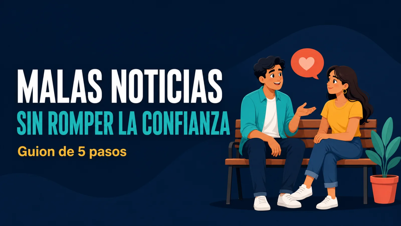 Ilustración editorial de dos jóvenes conversando en una banca con una burbuja de diálogo entre ambos; portada del artículo sobre cómo dar una mala noticia a un equipo sin romper la confianza.