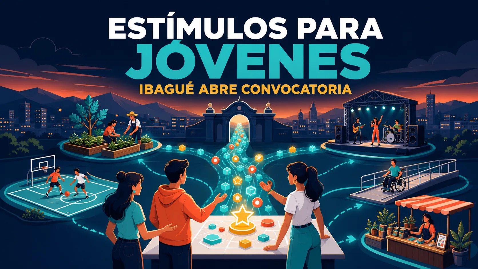 Ilustración editorial con el titular ESTÍMULOS PARA JÓVENES y el subtítulo IBAGUÉ ABRE CONVOCATORIA: fichas de colores fluyen desde un pórtico municipal hacia estaciones de proyectos comunitarios y emprendimientos, con tres jóvenes junto a una mesa de planificación.