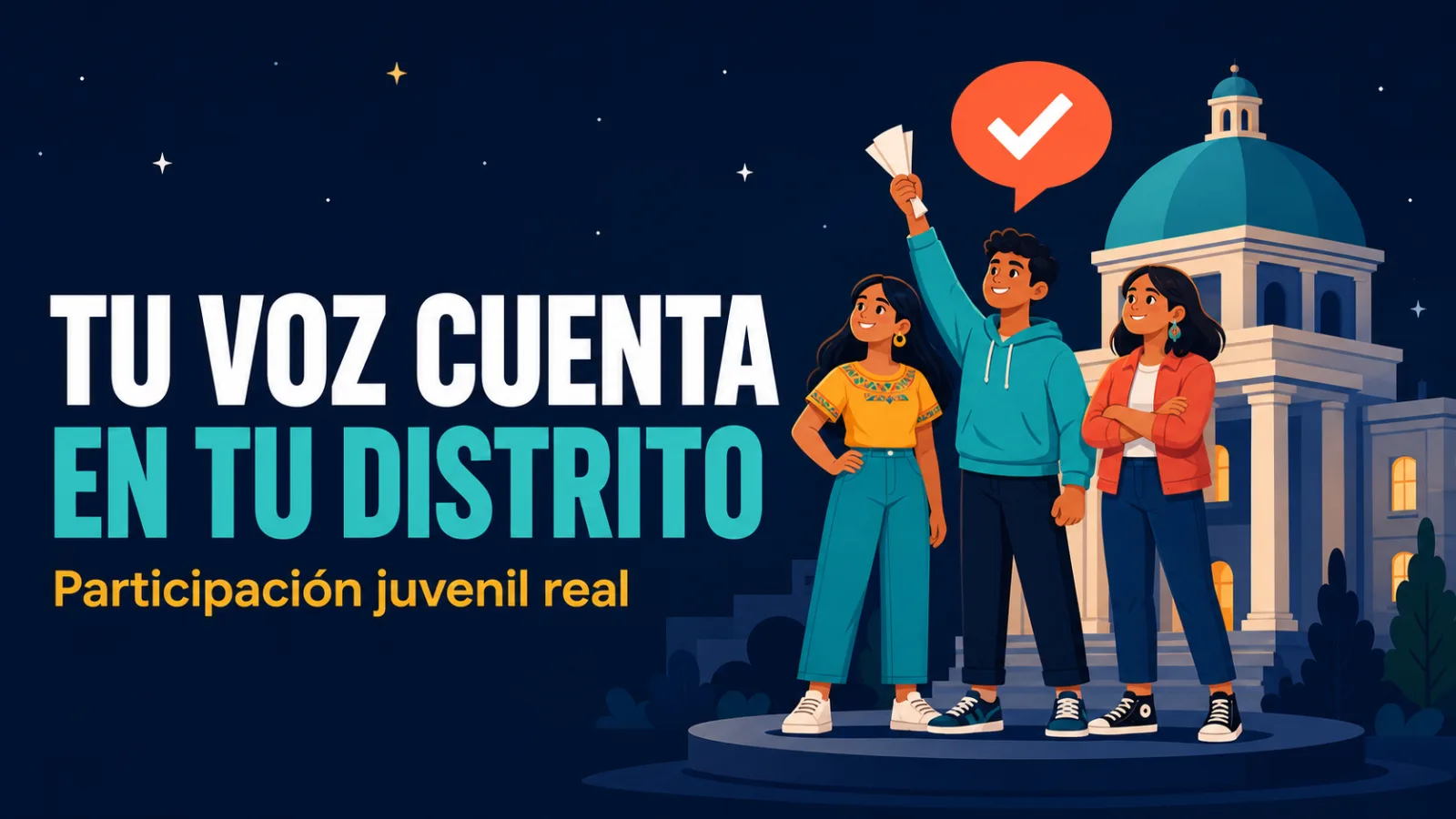 Ilustración editorial de tres jóvenes frente a un edificio municipal presentando una propuesta en papel; portada del artículo sobre participación juvenil en el distrito.