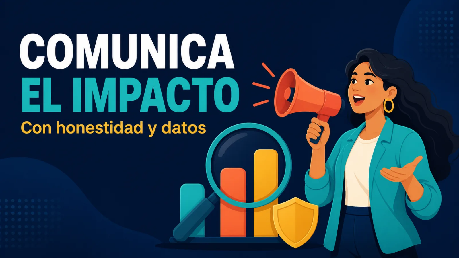 Ilustración plana de una joven hablando por un megáfono junto a una lupa que revisa una gráfica de barras con un escudo, sobre fondo azul noche.