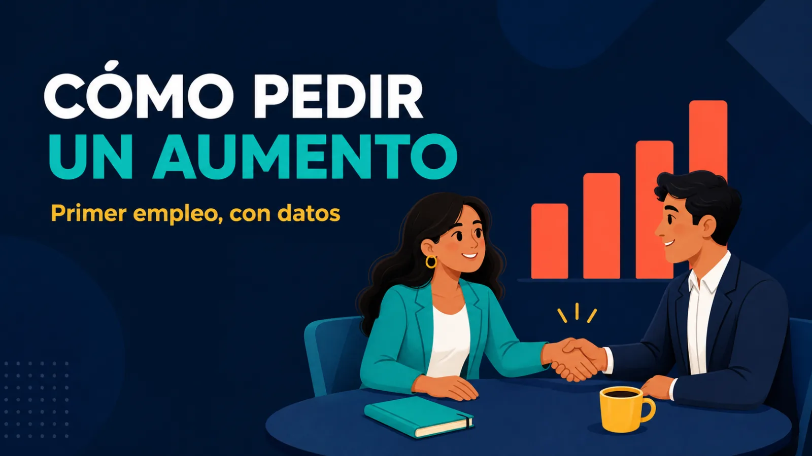 Ilustración plana de una joven en una reunión laboral conversando con su jefa frente a una gráfica de barras, sobre fondo azul noche.