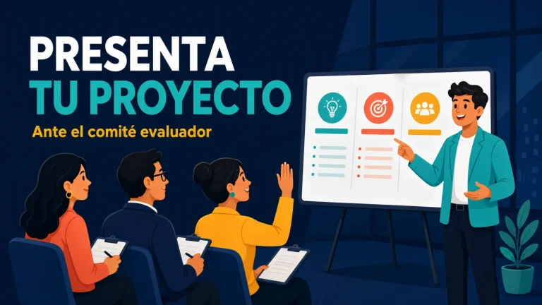 Ilustración plana de un joven presentando su proyecto ante un comité de tres evaluadores con carpetas, sobre fondo azul noche.