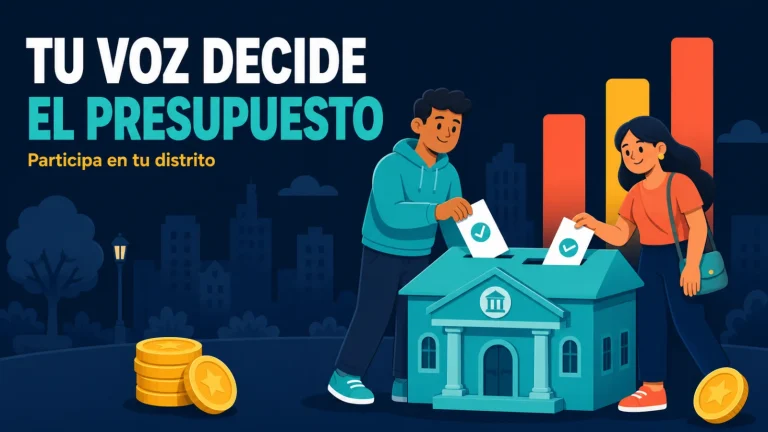 Ilustración plana de dos jóvenes latinoamericanos depositando papeletas en una urna con forma de municipalidad, junto a una gráfica de presupuesto, sobre fondo azul noche.