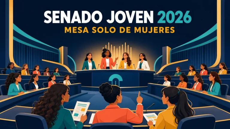Ilustración editorial de una asamblea parlamentaria simbólica con jóvenes estudiantes y una mesa directiva de mujeres, con el texto "SENADO JOVEN 2026".