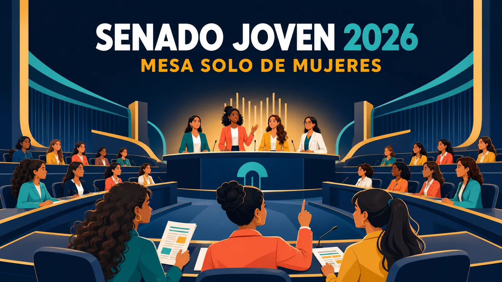 Ilustración editorial de una asamblea parlamentaria simbólica con jóvenes estudiantes y una mesa directiva de mujeres, con el texto "SENADO JOVEN 2026".