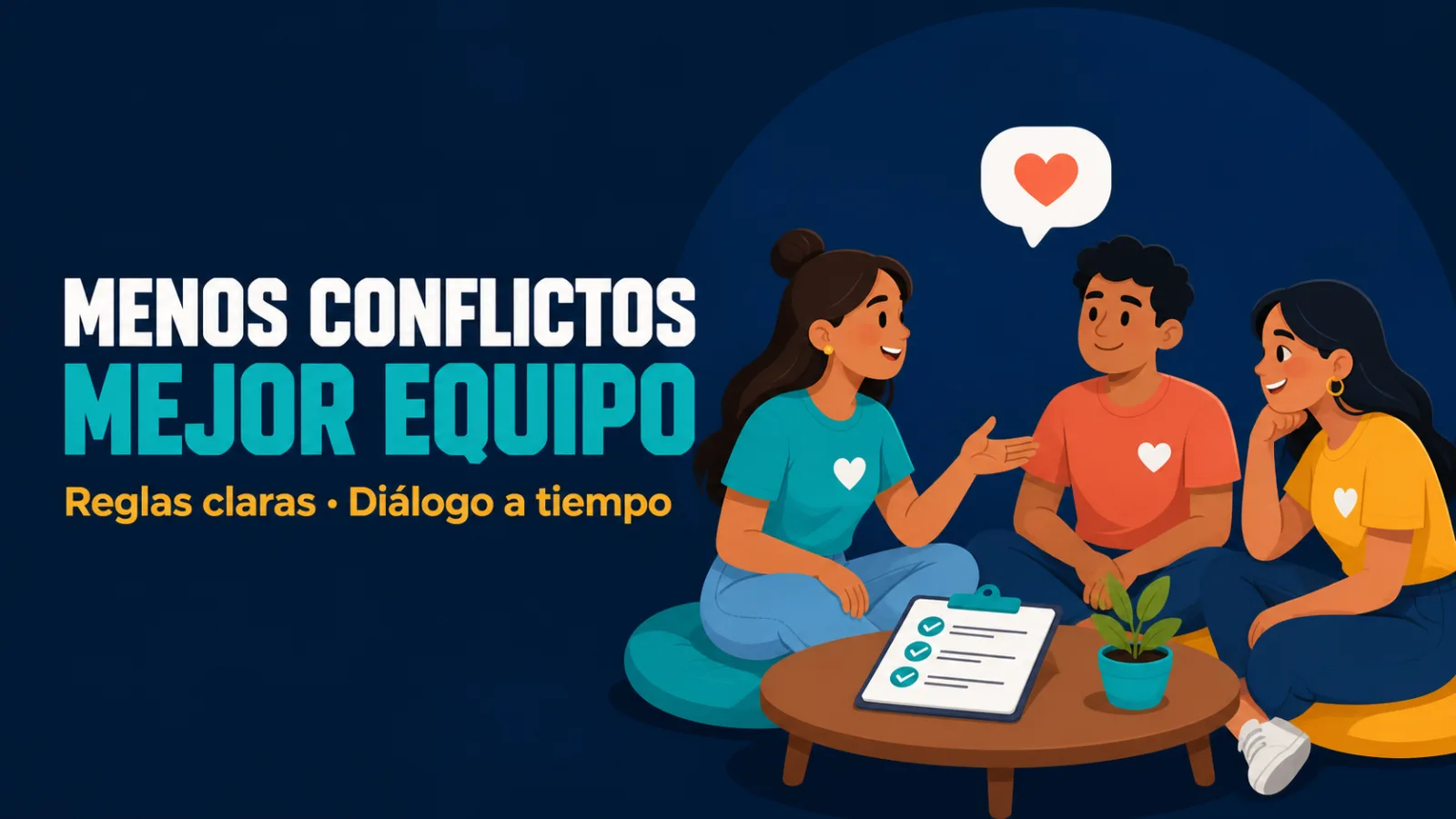 Ilustración de tres voluntarios latinoamericanos conversando con calma alrededor de una mesa, con una burbuja en forma de corazón y un portapapeles con casillas marcadas. Texto de portada: «Menos conflictos, mejor equipo».